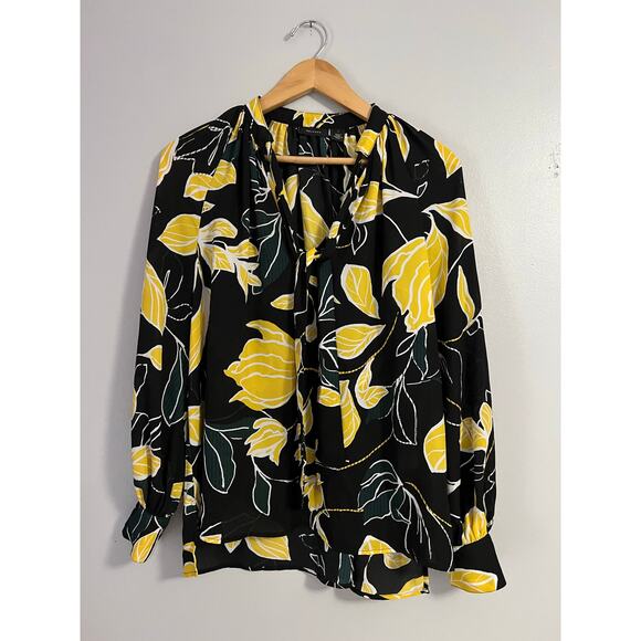 Nordstrom Halogen Tie Neck Blouse Size 8 Black and Yellow Floral - Picture 1 of 5
